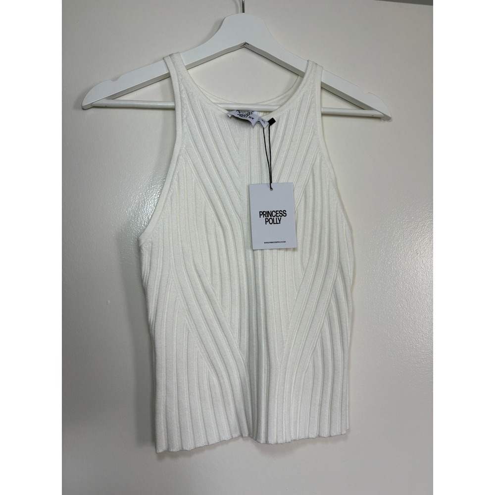 NWT Princess Polly Ishita Knit Top M/L White Ribbed High Neck Tank 1260323